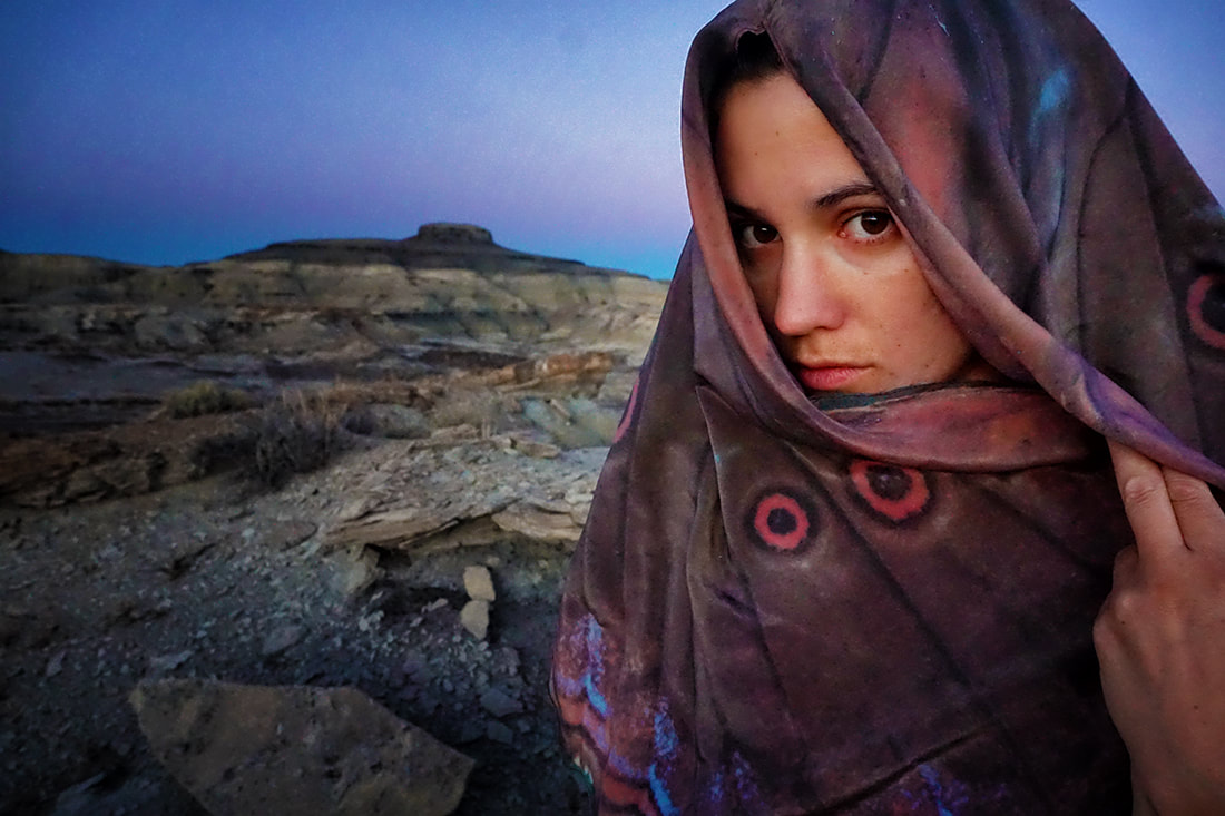 Self Portrait with Butterfly Wrap and Sunset Hills; Bisti, NM