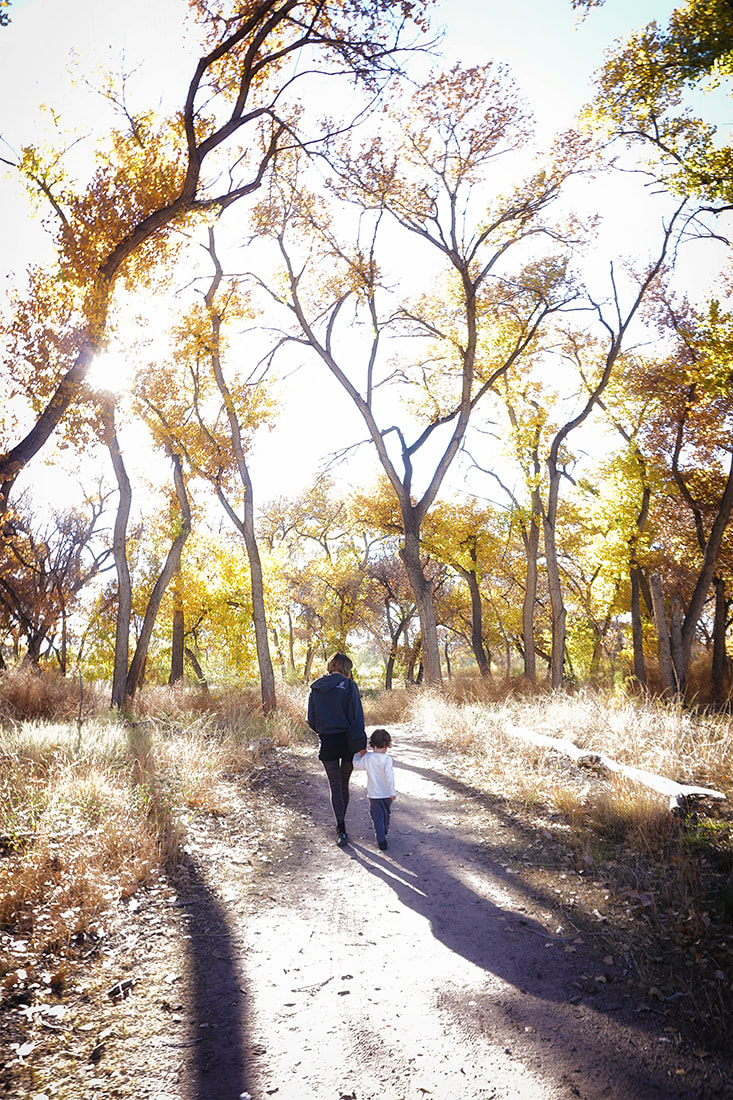 woman walks with child along path in autumn yellow bosque cottonwoods