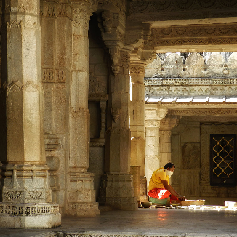 Jain Priest in Ornately Carved Temple, Ranakpur, Rajasthan, India